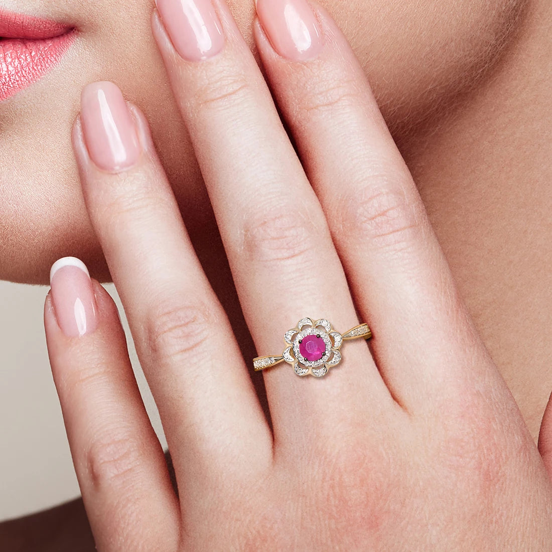VISTOSO Genuine 14K 585 Yellow Gold Round Ruby Shiny Diamond Flower Ring For Lady Wedding Engagement Anniversary Fine Jewelry