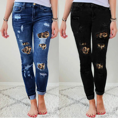 2020 Fall Women's Plus Size Skinny Jeans Solid Color Leopard Patchwork Irregular Ribbed Hole Pencil Pants Stretch Slim Pants