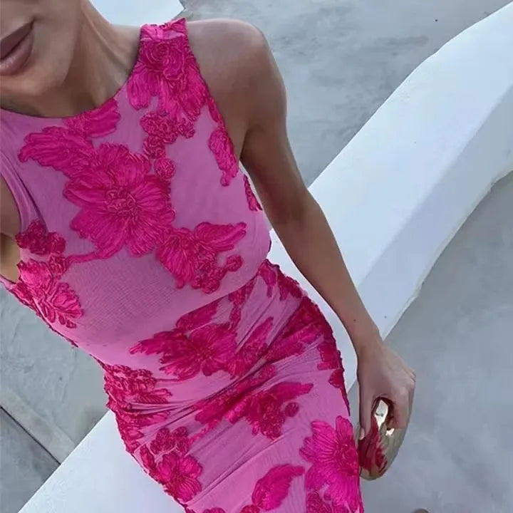 2025 Summer Mesh Evening Robe Women Slim O-neck Sleeveless Backless Hip Package Split Dresses Elegant 3d Flower Party Long Dress