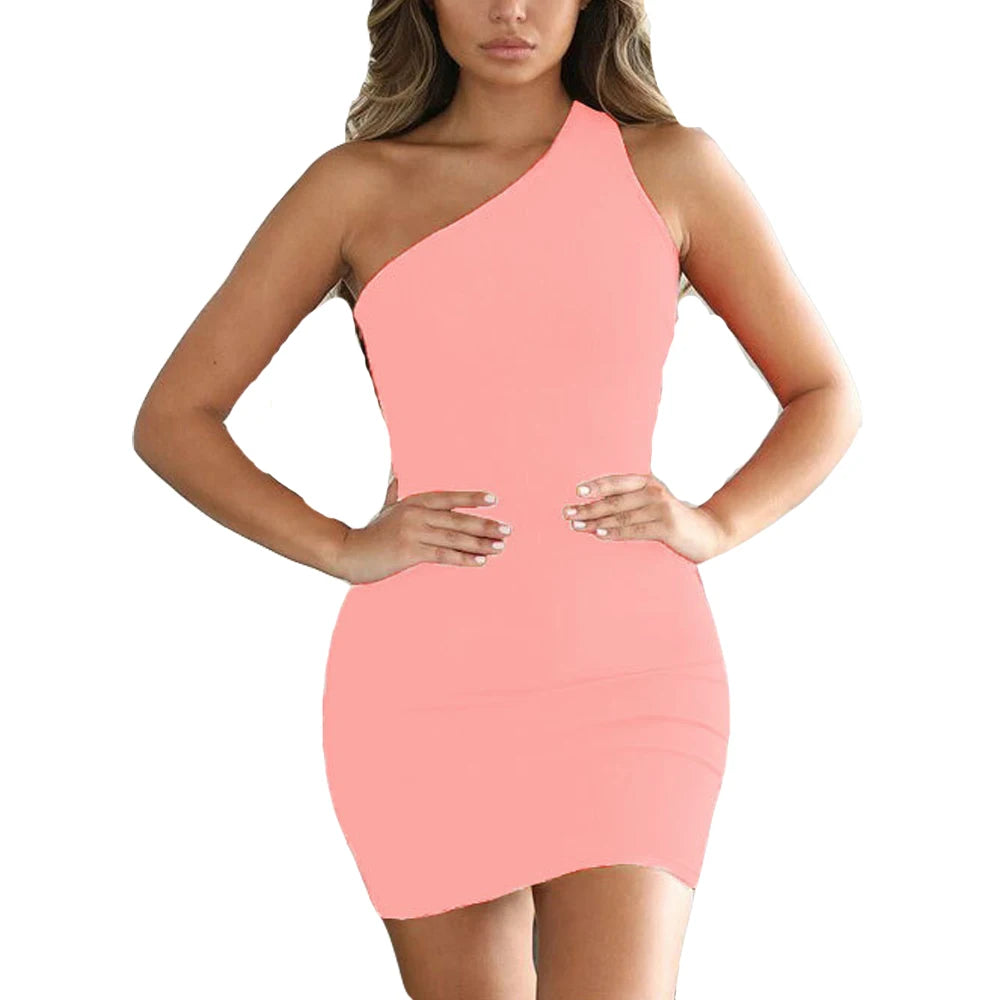 ONCE Sexy Club Dresses Summer Solid Color Backless One Shoulder Nightclub Dress Emipre Bodycon Mini Sundress Slim Party Vestidos