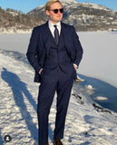 Business Dark Blue Stripe Men Suits 3 Pieces Costum Homme Groom Wedding Terno Masculino Slim Fit Prom Blazer Jacket+Pant+Vest