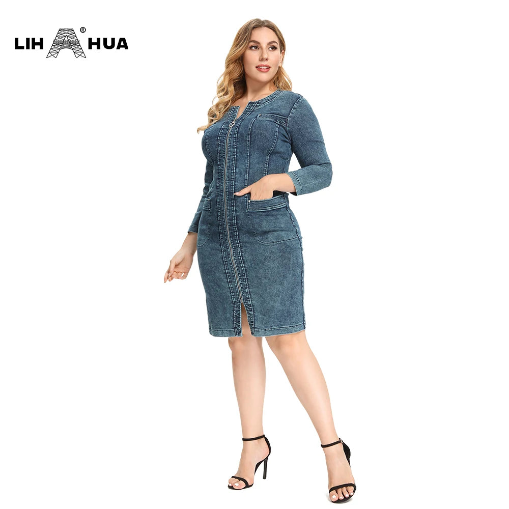LIH HUA Women's Plus Size Denim Dress High Flexibility Slim Fit Dress Casual Woven Dress