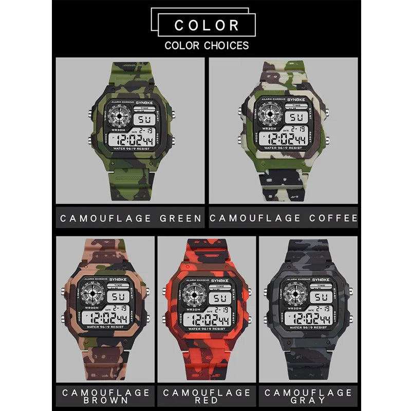 SYNOKE Men's Digital Watch Fashion Camouflage Military Wristwatch Waterproof Digital Watches Running Clock Relogio Masculino
