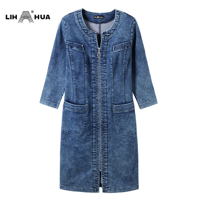 LIH HUA Women's Plus Size Denim Dress High Flexibility Slim Fit Dress Casual Woven Dress