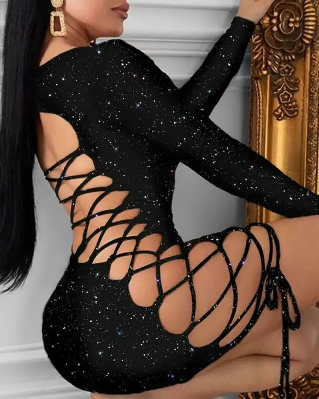 Women Sexy Long Sleeve Dress Bandage Bodycon Evening Party Club Hollow out Lace Up Ladies Evening Party Club Dresses