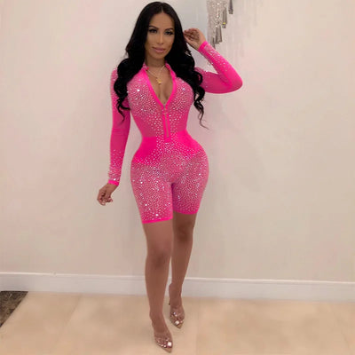 women high waist Rhinestone drawstring hollow out bodycon Skinny jumpsuit female sexy club party romper playsuit