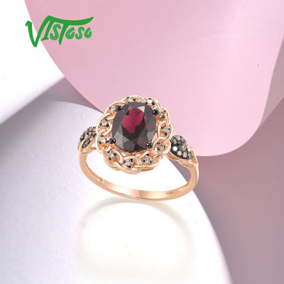 VISTOSO Pure 14K 585 Rose Gold Ring For Women Sparkling Rhodolite Garnet Brown Diamond Solitaire Ring Gorgeous Fine Jewelry