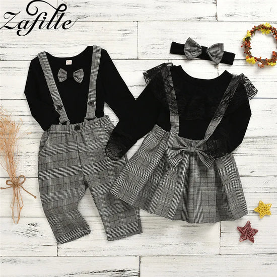 ZAFILLE Brother Sister Matching Outfits For Girls and Baby Boy Clothes Set Top+Overalls With Necktie Kids Toddler Girls Clothes