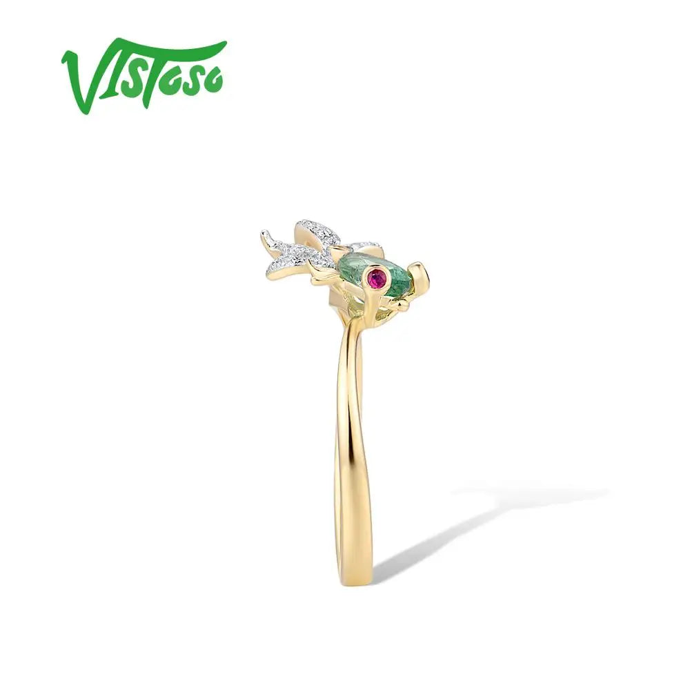 VISTOSO Gold Ring For Woman Genuine 14K 585 Yellow Gold Sparkling Natrual Emerald Ruby Diamond Lovely Fish Trendy Fine Jewelry