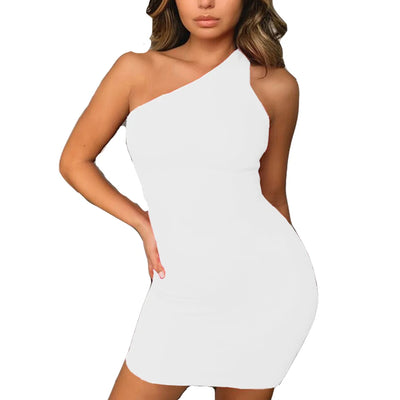 ONCE Sexy Club Dresses Summer Solid Color Backless One Shoulder Nightclub Dress Emipre Bodycon Mini Sundress Slim Party Vestidos