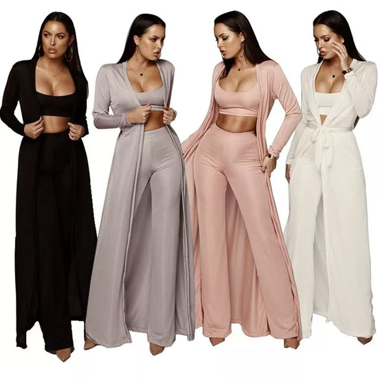 3 piece set women bandage lace up long sleeve cardigan coat loose wide leg pants tube top 3 piece set for female women&