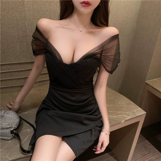 Low-Cut Deep V-neck Birthday Black Dress Slim-Fit Evening Dress