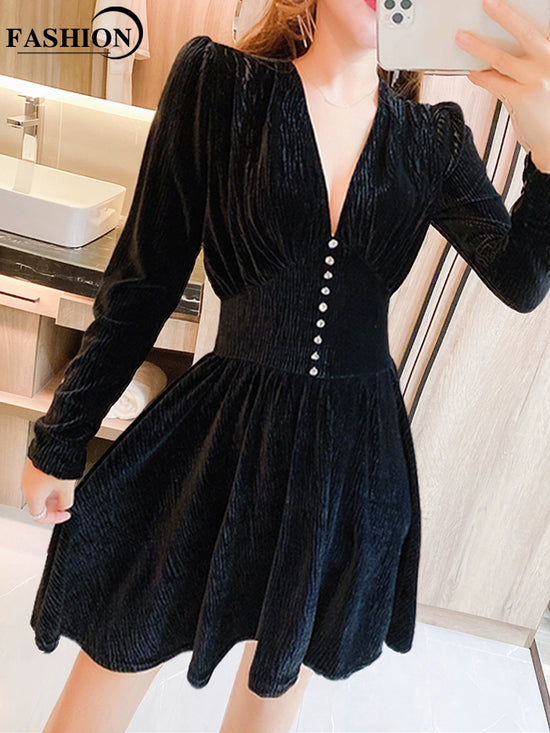 Black Pleuche Spring and Autumn Long Sleeve Sexy Dress