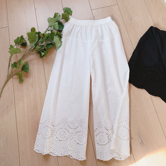 Japanese Style Exquisite Hollow-out Cotton Elastic Waist Ankle-Length Embroidery