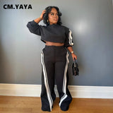 CM.YAYA Active Striped Splicing Women's Set Long Sleeve Sweatshirt and Sweat Pants Tracksuit 2024 Winter Two 2 Piece Set Outfit