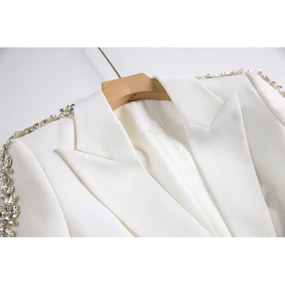 Luxury Office Lady Suit Rhinestone Shoulder Long Sleeve Line Single Button Blazer  Solid Flared Pants Women 2Pcs