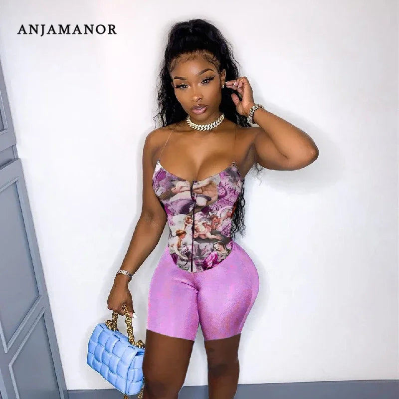 ANJAMANOR Vintage Aesthetic Print Crop Top and Biker Shorts 2 Piece Sets Women Summer Clothing 2021 Sexy Club Outfits D21-CB20