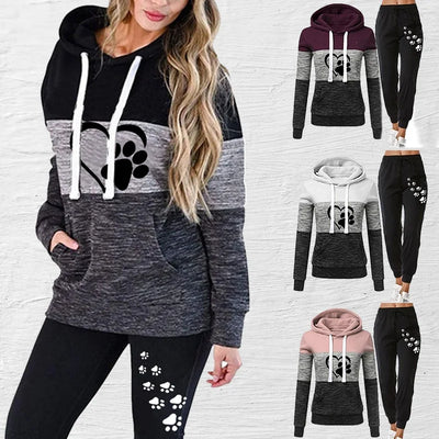 New Women's Hoodies Trendy Cat Paw Printed Women Casual Three-color Stitching Sweatsuit Pullover Sweatshirt Pants Two-piece Set