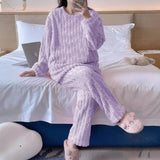 Autumn Winter Plush Sleepwear Women Cute Cartoon round Neck Coral Fleece Striped Embroidery Warm Home Clothes Cozy Set