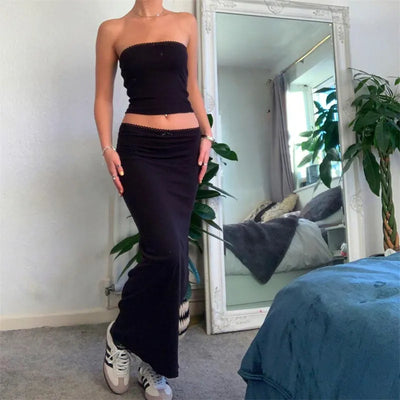 Vintage 2 Piece Long Skirt Sets Women Cute Spaghetti Strap Crop Cami Maxi Midi Skirts Y2k Two Piece Outfit Beach Wear