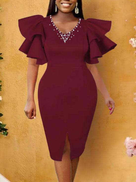 Fashion Women Large Size Party Dress Beaded V Neck Ruffle Sleeve Bodycon Dress Bodycon Classy Evening Dinner Birthday Outfits