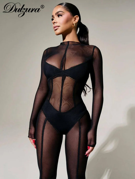 Dulzura Solid Mesh Long Sleeve O-Neck Jumpsuit See Through Women Sexy Y2K Birthday Evening Clubwear Sheath