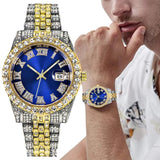 2PCs Fashion Luxury Full Diamond Steel Band Calendar Roman Scale Men's Steel Band Quartz Watch with Diamond Chain Bracelet Gift