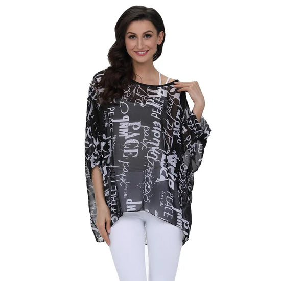 BHflutter 4XL 5XL 6XL Plus Size Women Clothing 2018 New Chiffon Blouse Shirt Batwing Sleeve Letters Print Summer Tops Blouses