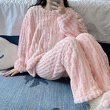 Autumn Winter Plush Sleepwear Women Cute Cartoon round Neck Coral Fleece Striped Embroidery Warm Home Clothes Cozy Set
