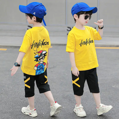 2022 Kids Boys Summer Suit Clothes Cartoon Short Sleeves T-shirt + Pants 2 Piece Set Children Clothing Outfit 6 8 9 10 12 Years