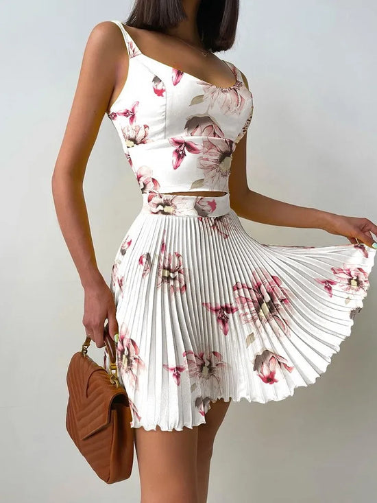 Two Piece Set For Women Mini Print Short Pleated Skirt Sets 2 Piece Sets Floral Camisole Skirt White Outfit For Sexy Club Party