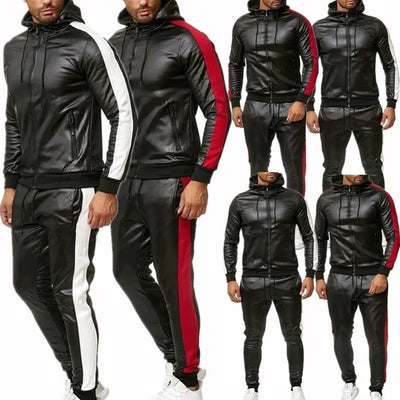 New Mens Pu Leather Hoodies Set Casual Sweatsuit Hooded Jacket And Pants Jogging Suit Tracksuits