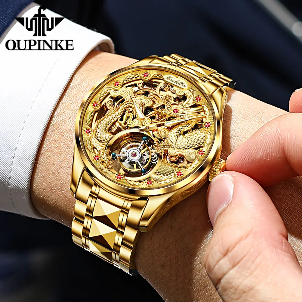 OUPINKE Tourbillon Automatic Men's Watch Skeleton Gold Watch Sapphire Ruby Luxury Wristwatch Waterproof Men's Mechanical Watch