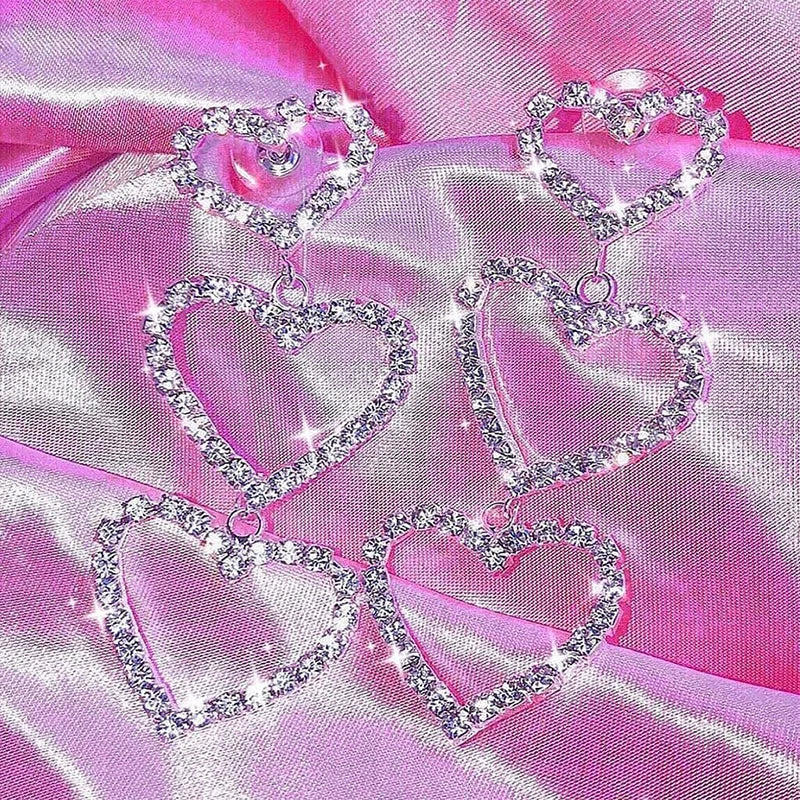 Vintage Shiny Hollow Out Heart Dangle Earrings For Women Metallic Crystal Charm Cool Elegant Harajuku Y2K Drop Earrings Jewelry
