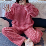 Autumn Winter Plush Sleepwear Women Cute Cartoon round Neck Coral Fleece Striped Embroidery Warm Home Clothes Cozy Set