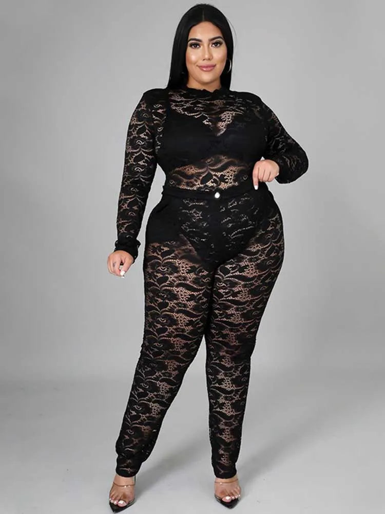 Chic and Elegant Woman Set Night Club Wear Plus Size Women Hot Outfit Transparent Lace Bodysuit and Pants Sexy Festival Outfit