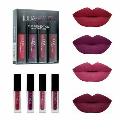 Huda Beauty 3g 4pcs Matte Lip Gloss Set Waterproof Lip Glaze Tint Non-stick Non-Fading Lipstick Lip Makeup Cosmetic Lip Care