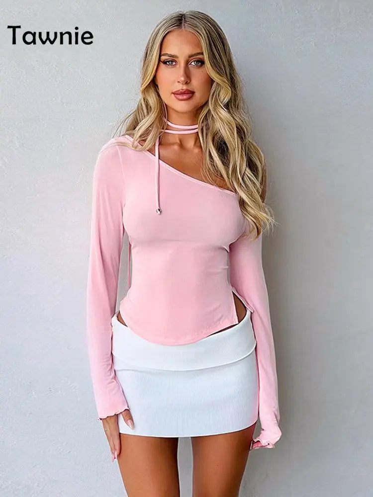 Tawnie Y2K Off Shoulder Long Sleeve Crop Top Women 2023 Autumn Sexy Slim Vintage Pink T Shirts Casual Outfits Streetwear Club