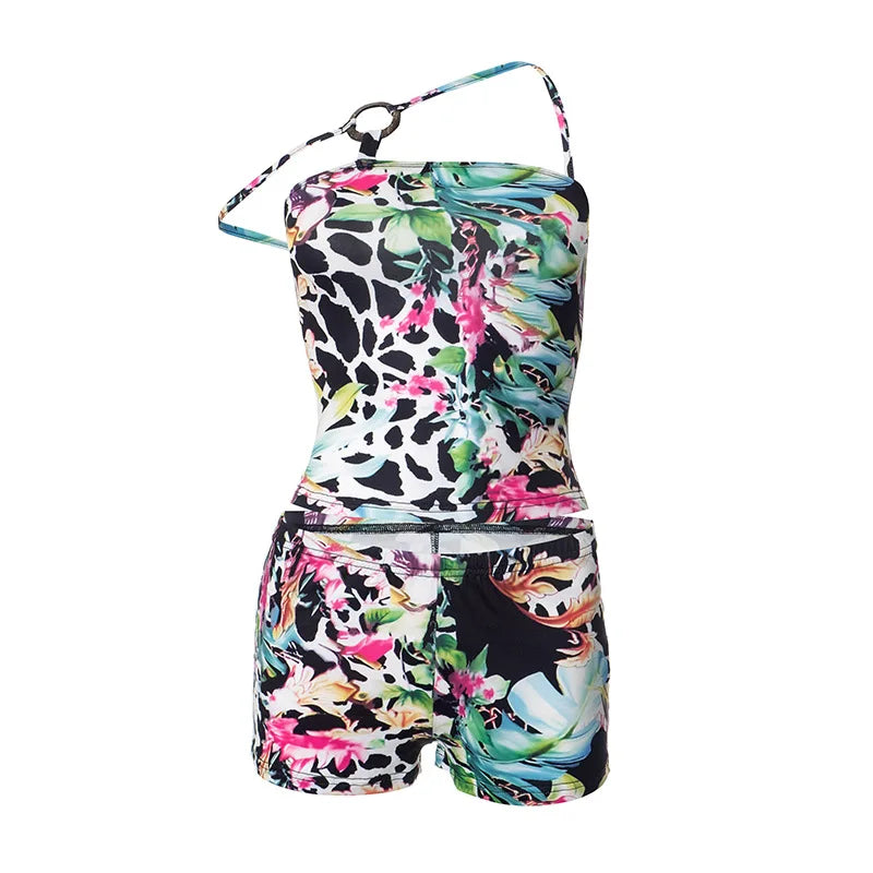 ANJAMANOR Baddie 2 Piece Sets Flower Print Asymmetrical Crop Top and Shorts 2025 Summer Outfit Sexy Beach Wear D85-BD13