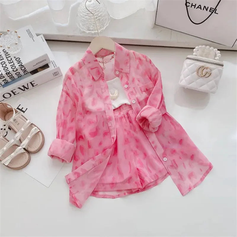 Baby Girl Suit Summer Cute Pink Coat+Shorts 2-Pieces Kids Relaxed Casual Clothes 1-9 Years Tourism Clothing Girls Sunscreen Set