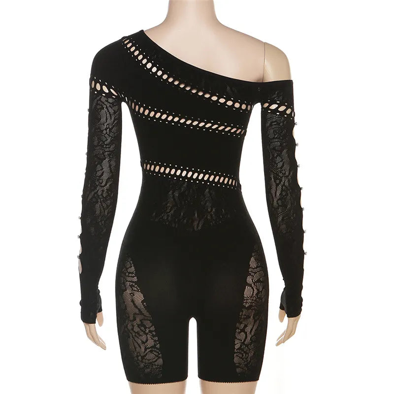 Thick Hollow Out Knitted Women Rompers Jumpsuit Sexy Slash Neck Off Shoulder Long Sleeve Lace Crochet See Through Club Playsuits