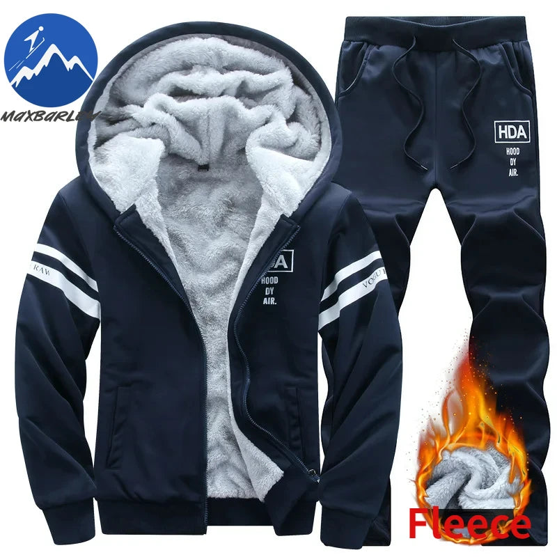 2025 Large Winter Mens Casual Sports Plush Set Hooded Coat + Pants Korean Edition Warm Thick Two Piece Set Fleece Clothes Men