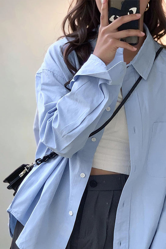 Chic Spring Clothing Blue Loose-Fitting Niche Style Long Sleeves Shirt