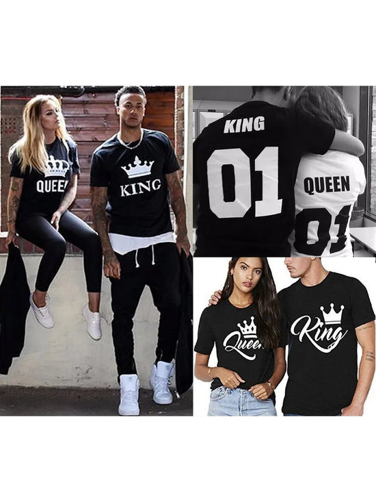 KING QUEEN Letter Crown Printed Black White T shirts Summer Casual O-neck Short Sleeve Tees Couple Lovers tshirt Tops Clothes