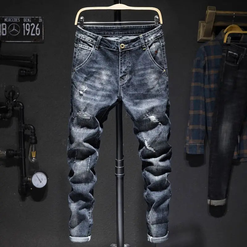 American High Street Men's Jeans Trendy Ripped Worn-out Hole Punch Elastic Straight Cut Slim Fit Streetwear Pant for All Seasons