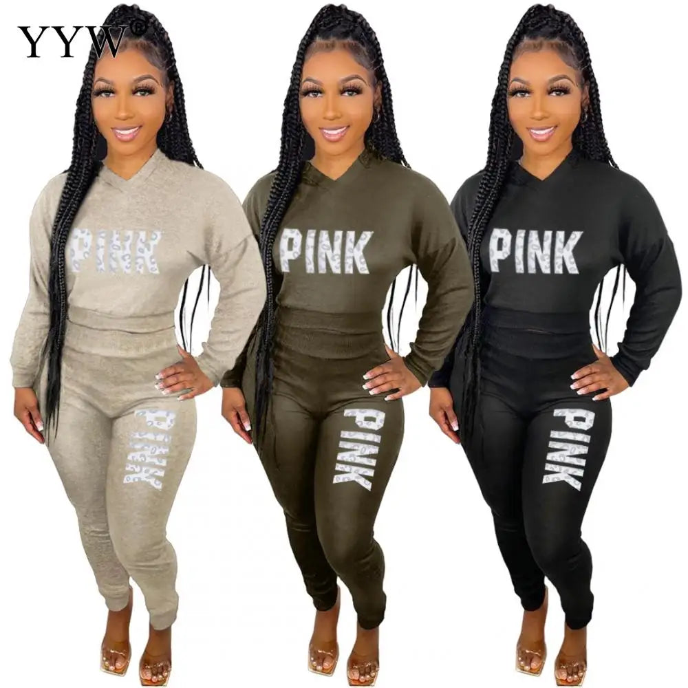 2022 Pink Letter Print Sporty Casual 2 Piece Sets Women Fall Spring Zip Sweatsuit Outfit Pockets Coat Sweatpants Tracksuit Suits