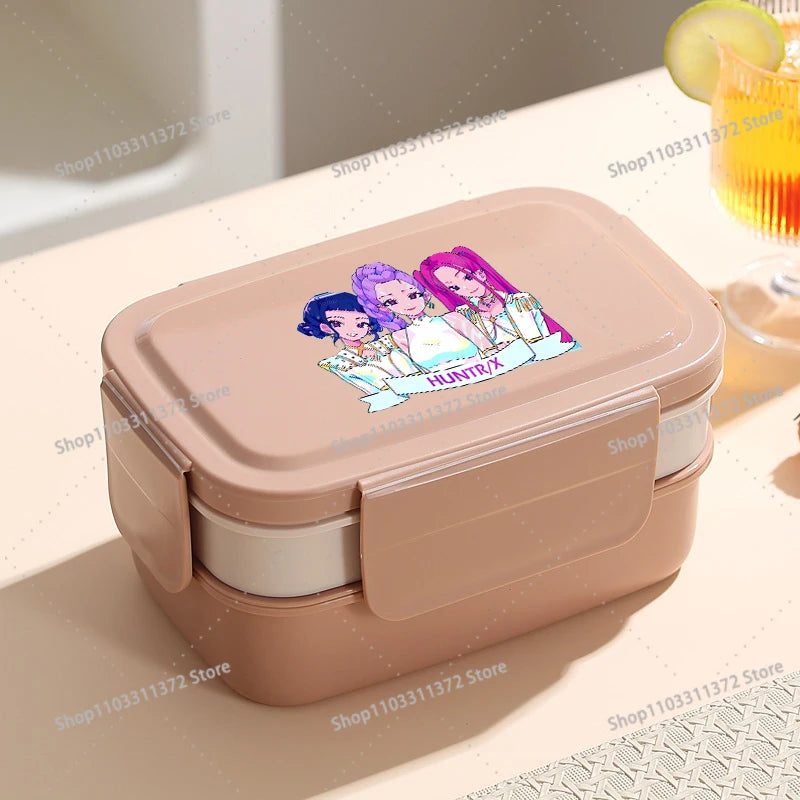 1.5L Move K-Pop Demon Hunters 2 Layer Lunch Box Fashion Cartoon Food Snack Container with Spoon Fork Cute Printed Students Gift