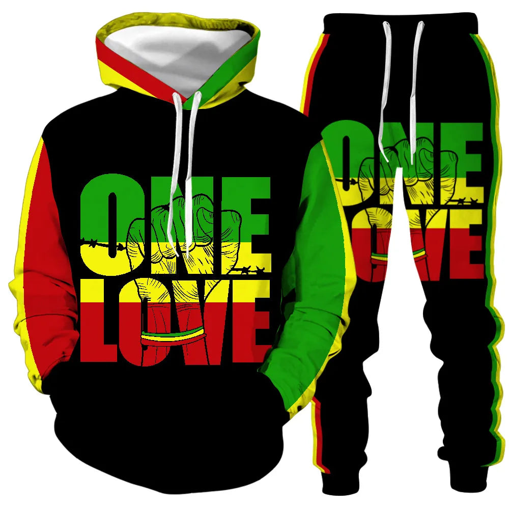 Bob Marley Men's Sets One Love Rasta Hoodie and Joggers Activewear Sets Unisex Long Sleeve Tracksuits Two Piece Outfits S-5XL