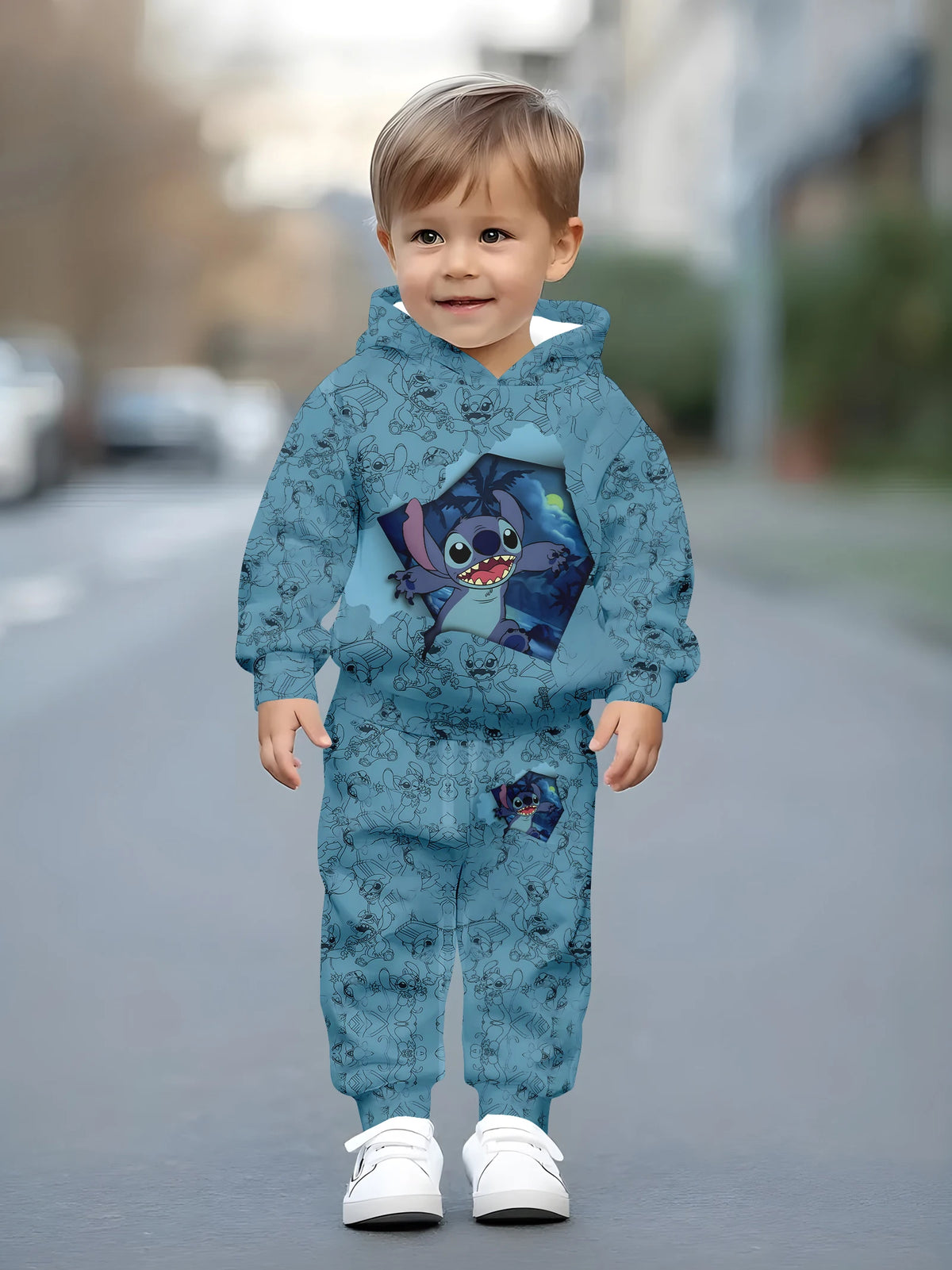 Children's Stitch-Themed Fun Outfit, All-Over Print Brand Hoodie and Sweatpants, Trendy Spring and Autumn Outfit for Babies