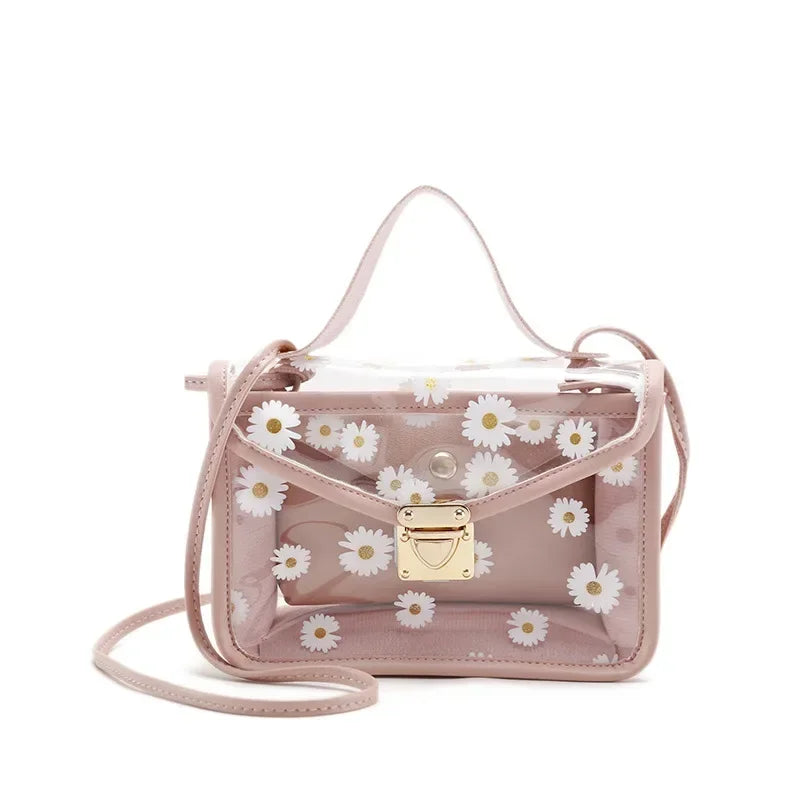 2024 Fashion Women Transparent Daisy Pattern Shoulder Bag Hardware Chain Strap Color Block Messenger Handbag Composite Tote